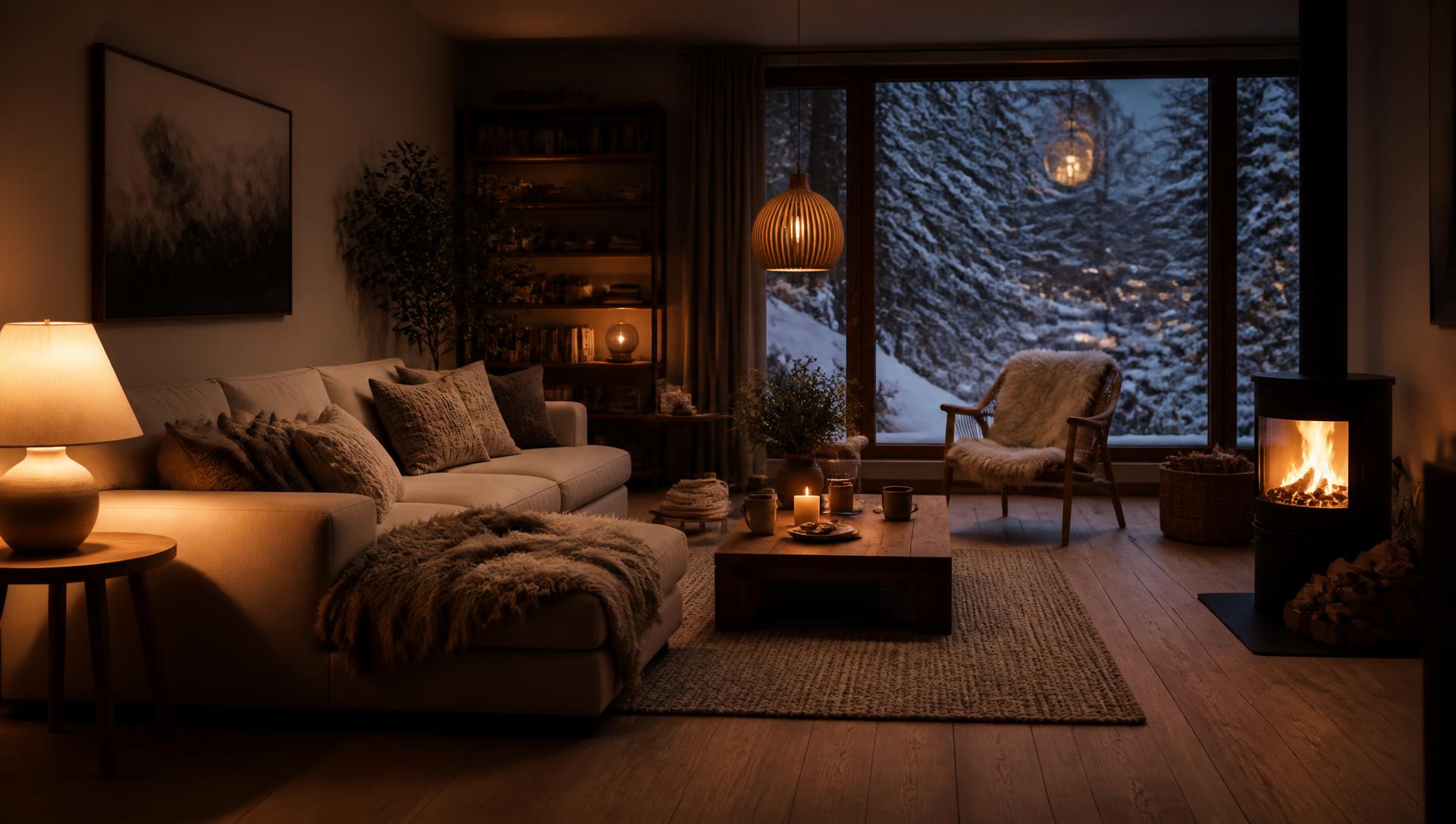 Cozy Latvian living room warmed on a snowy winter evening